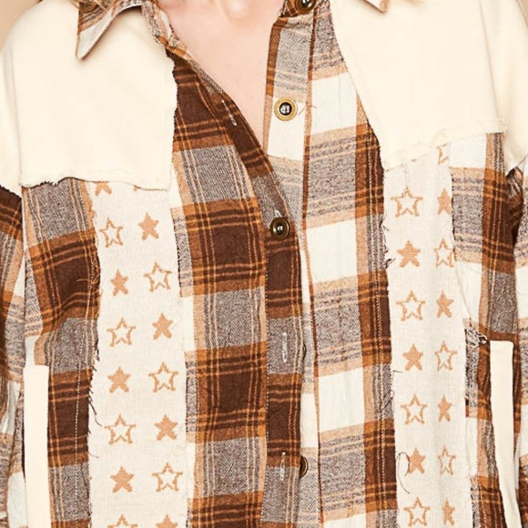 POL Shacket Star Plaid Bohemian Patchwork Exposed Raw Fray Seam Oversized Jacket - Picture 9 of 12